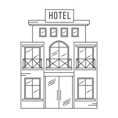 Otel binasının ana hatları. Beyaz arkaplanda vektör satırı çizimi.