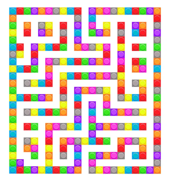 Labyrinthe carré briques jeu de labyrinthe jouet pour les enfants. L'énigme de la logique labyrinthique. Une entrée et un droit chemin à parcourir. Illustration plate lumineuse vectorielle — Image vectorielle