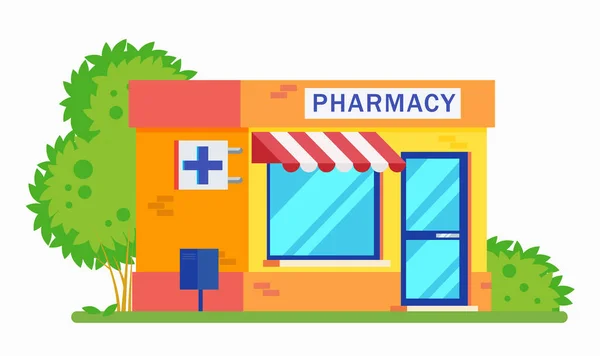Pharmazie baut Medizin-Konzept. Architektonische Form kann für Website-Design, Infografiken verwendet werden. Vektorflache Cartoon-Illustration. — Stockvektor