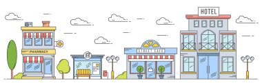 Sanat tarzında vektör manzarası. Evleri, binaları, ağaçları ve bulutları olan ana cadde. Kafe, eczane, otel ve otobüs durağı. Renkli resimleme