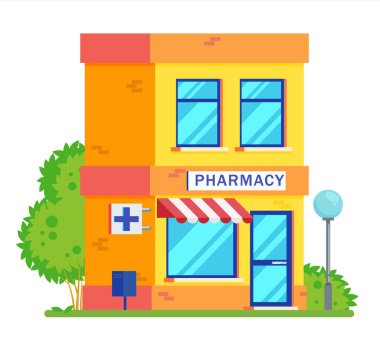 Eczane tıp konsepti. Mimari form web sitesi tasarımı, bilgi grafikleri için kullanılabilir. Vektör düz çizgi film illüstrasyonu.