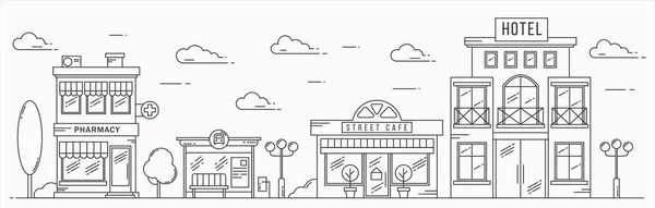 Paisaje vectorial en estilo de arte en línea. Esquema de calle con casas, edificio, árbol y nubes. Café, farmacia, hotel y parada de autobús. — Vector de stock