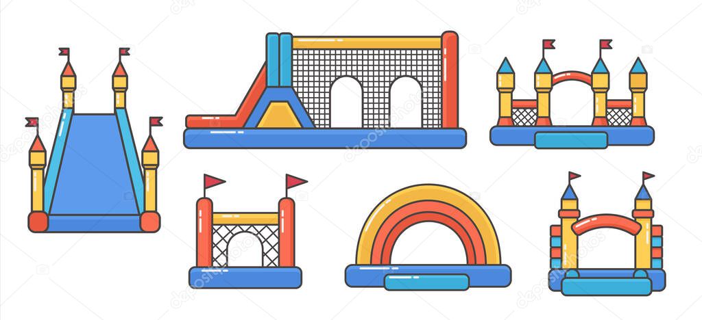 Set of bouncy inflatable castle. Tower and equipment for child playground. Vector color line illustration isolated on white background.