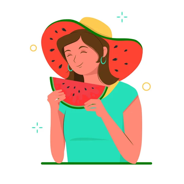 Girl with hat and slice of watermelon in hands. Cute summer woman. Vector cartoon flat illustration. — Stock Vector