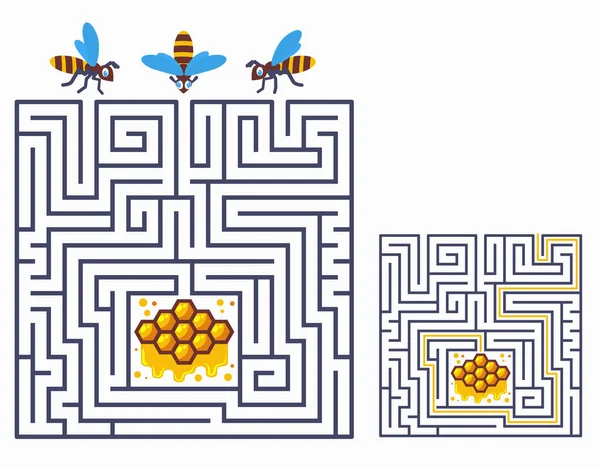 Laberinto laberinto cuadrado juego para niños. Encuentra una manera para que las abejas peinen de miel. Tres entradas y un camino correcto. Dibujos animados vectoriales ilustración — Archivo Imágenes Vectoriales