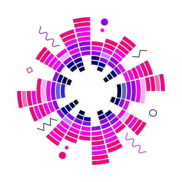 Ecualizador de neón circular geométrico de color. Eq ondas sonoras redondas de audio. Ilustración vectorial. — Vector de stock