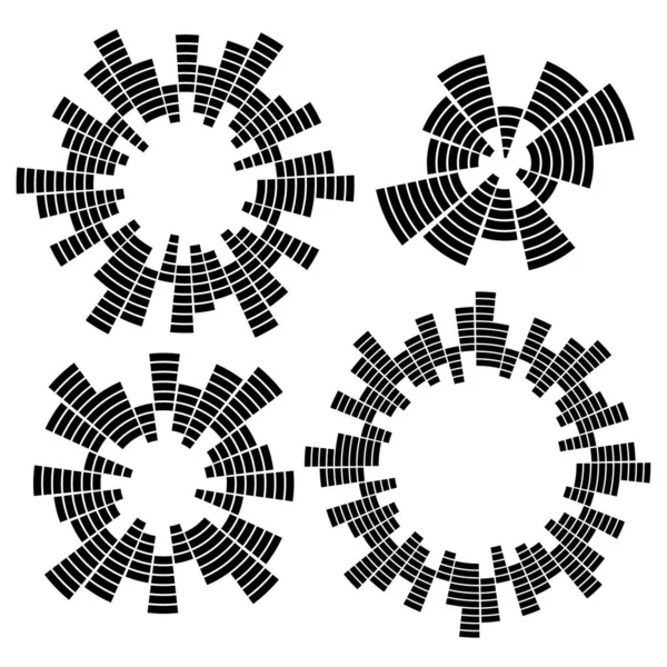 Set di equalizzatori circolari geometrici monocromatici. Eq onde sonore audio rotonde. Illustrazione vettoriale. — Vettoriale Stock