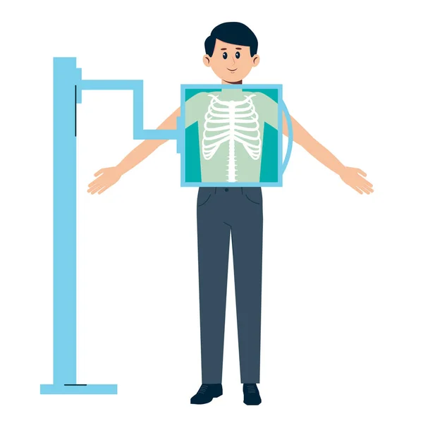Een man die een röntgenonderzoek krijgt. Medische behandeling van de borst. Radiografie examen vector cartoon illustratie — Stockvector