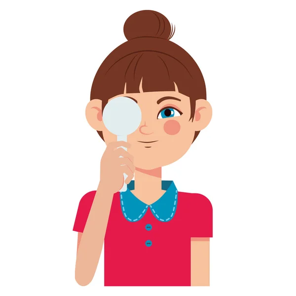 Controle van het kindergezichtsvermogen in oogheelkundige kliniek. Optometrist controleren kind gezichtsvermogen met bril medische apparatuur. Bril lens selectie. Meisje platte cartoon karakter illustratie — Stockvector