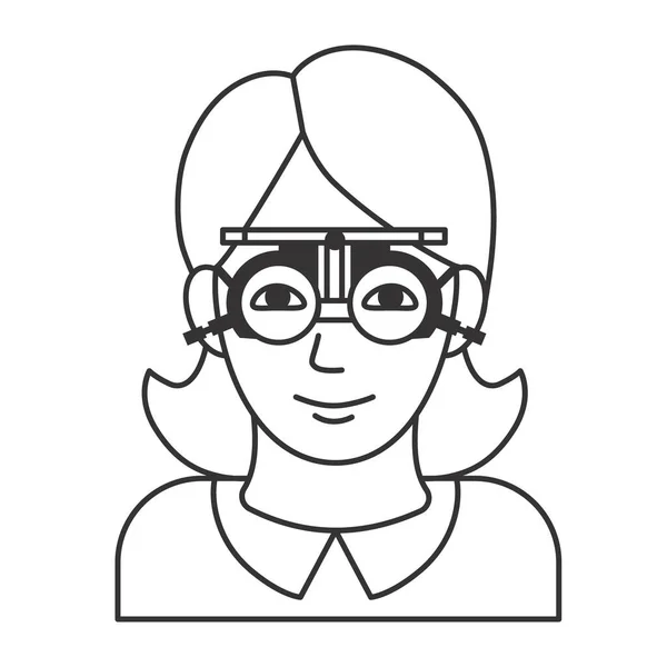 Női látásvizsgálat a szemészeti klinikán. Szemész ellenőrzi a felnőtt látást szemüveggel orvosi felszereléssel. Szemüveg lencse választás. Felvázolt illusztráció — Stock Vector