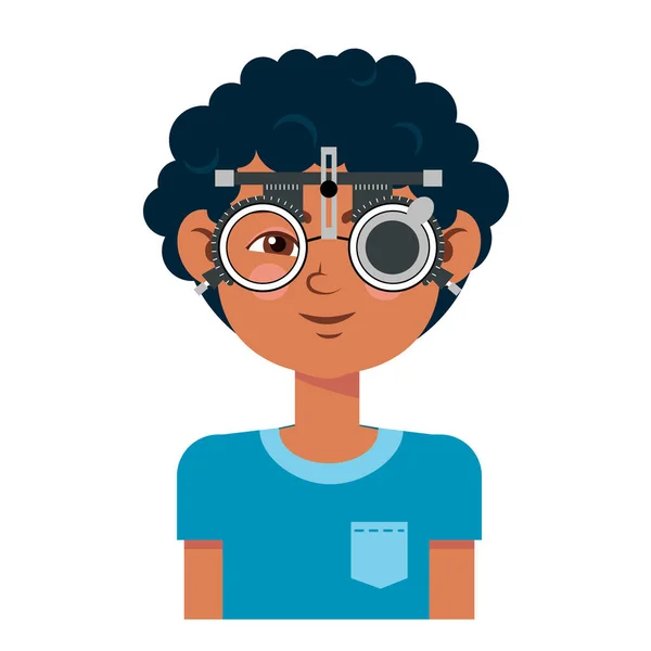Gyermeklátás vizsgálat a szemészeti klinikán. Szemész ellenőrzi a gyerek látását szemüveggel orvosi felszereléssel. Szemüveg lencse választás. Boy lapos rajzfilm karakter illusztráció elszigetelt — Stock Vector