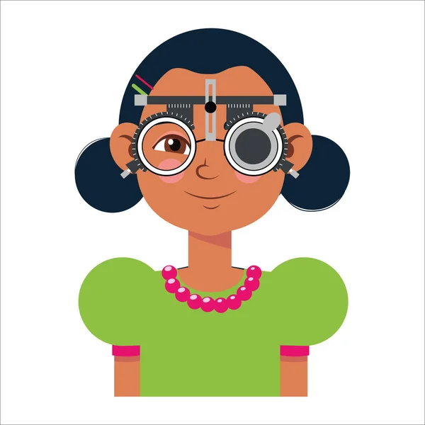 Gyermeklátás vizsgálat a szemészeti klinikán. Szemész ellenőrzi a gyerek látását szemüveggel orvosi felszereléssel. Szemüveg lencse választás. Lány lapos rajzfilm karakter illusztráció — Stock Vector
