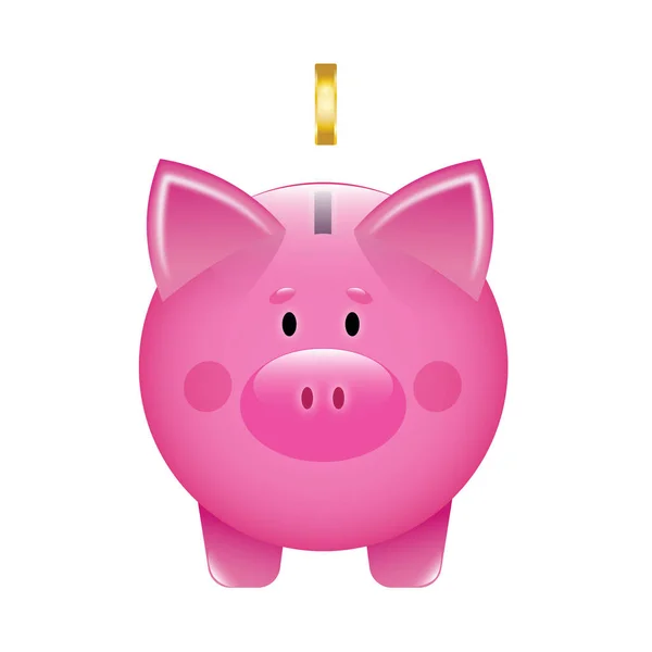 Sparschwein mit Goldmünze. Ikone im Cartoon-Stil. Konzept von Bank- oder Unternehmensdienstleistungen. Vektorillustration. — Stockvektor