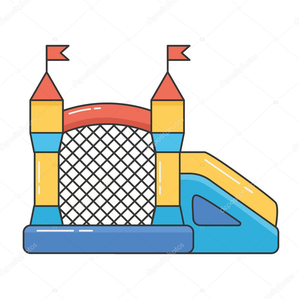 Bouncy inflatable castle. Tower and equipment for child playground. Vector color line illustration