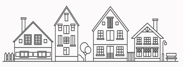 Linear cityscape with various row houses. Outline illustration. Old buildings in neighborhood. — Stock Vector