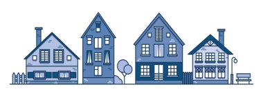 Eski kentte geleneksel Avrupa tarzı evler. Mahallenin banliyösü. Geleneksel sokak. Vektör illüstrasyonu