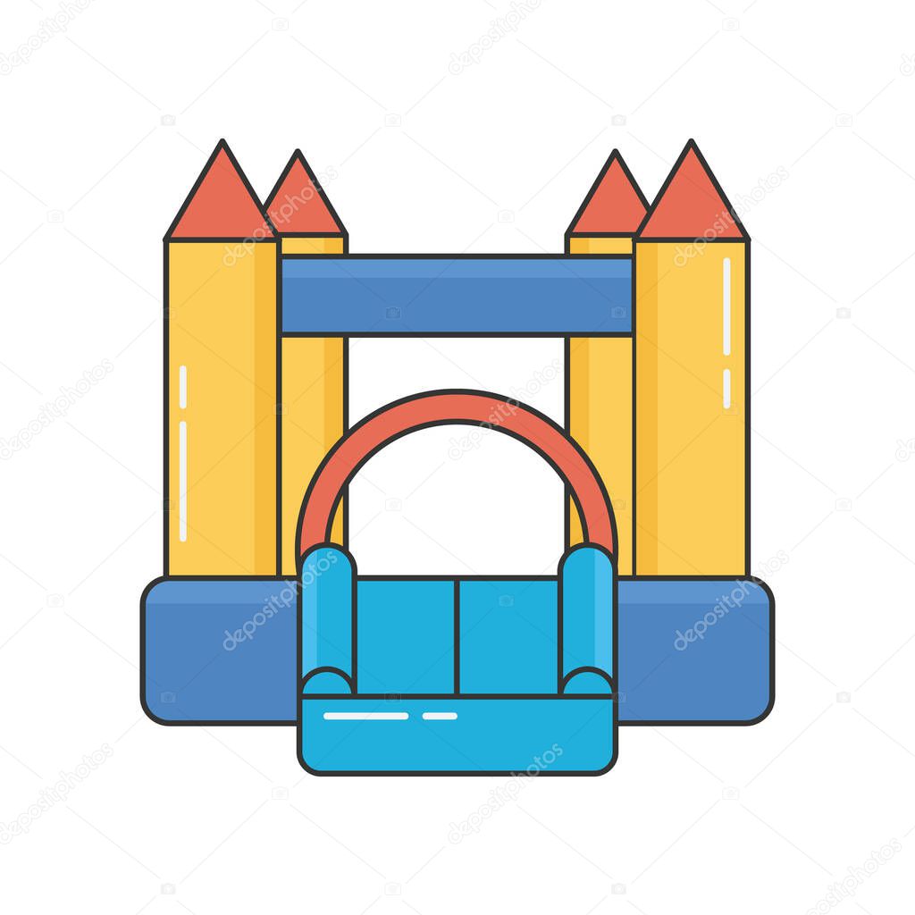 Bouncy inflatable castle. Tower and equipment for child playground. Vector color line illustration