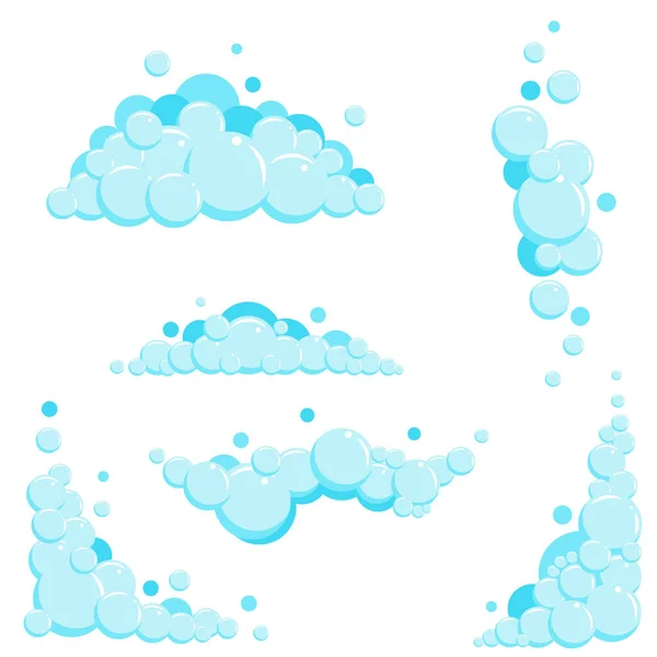 Cartoon-Seifenschaum mit Blasen. Hellblaue Badewannen, Shampoo, Rasieren, Mousse. Vektorillustration — Stockvektor