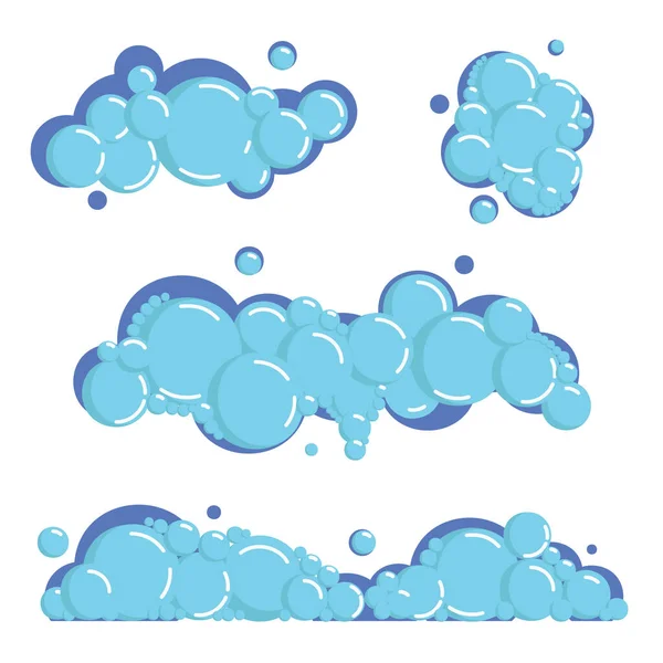 Cartoon soap foam set with bubbles. Light blue suds of bath, shampoo, shaving, mousse. Vector illustration — Stock Vector