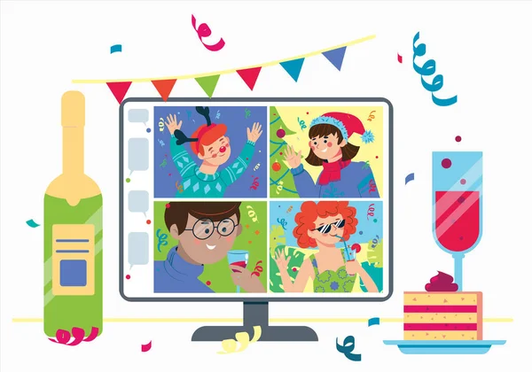 Online feest met vrienden. Kerst en nieuwjaar vieren op het internet. Feestelijke tafel met een monitor. Vector platte illustratie — Stockvector