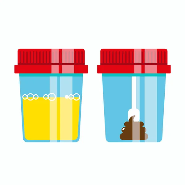 Urine and fecal analysis in plastic jars with colored lids. Laboratory tests. Flat vector illustration — Stock Illustration Urine and fecal analysis in plastic jars with colored lids. Laboratory tests. Flat vector illustration Royalty Free Stock Illustrations