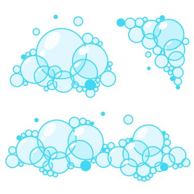 Köpüklü çizgi film köpüğü. Açık mavi banyo köpükleri, şampuan, tıraş, köpük. Vektör illüstrasyonu