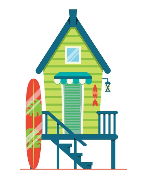 Strandhuis. Hut met surfplank aan de kust. Vector platte illustratie. — Stockvector