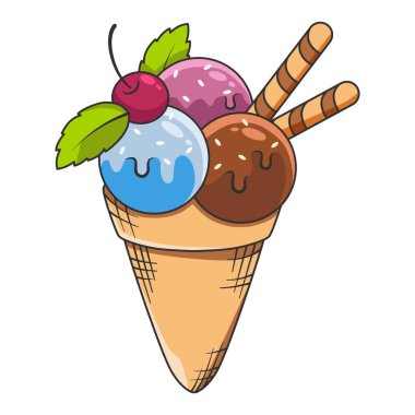 Beyaz arka planda izole edilmiş waffle külahındaki dondurma topları. Çizgi sanat vektörü illüstrasyonu.