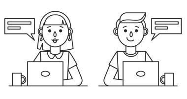 Kız ve oğlan dizüstü bilgisayarla çalışıyor. Kadın ve erkek sekreter, öğretmen ya da ofis çalışanı ikonları. Taslak vektör illüstrasyonu