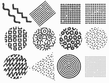 Bir dizi memphis geometrik şekiller. Web tasarımı için dokulu vektör ögeleri.
