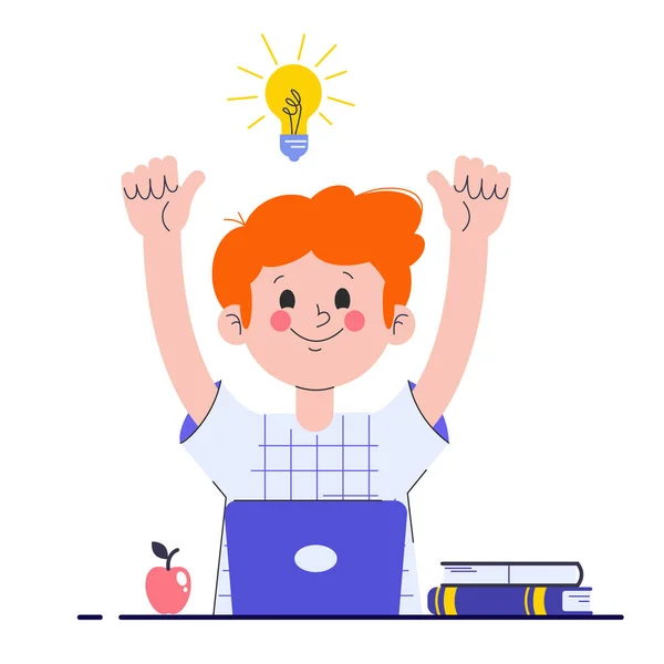 Un chico feliz con su portátil teniendo una buena idea. Alumno de primaria. Un colegial encontró una solución para una tarea. Ilustración vectorial plana. — Vector de stock