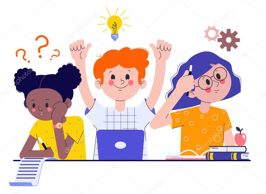 Classmates at the exam. Girls and a boy doing an assignment in the classroom. The concept of learning and knowledge. Flat vector illustration.