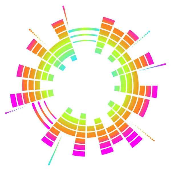 Ecualizador de neón circular geométrico de color. Eq ondas sonoras redondas de audio. Ilustración vectorial. — Archivo Imágenes Vectoriales