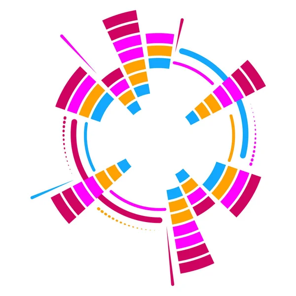 Ecualizador de neón circular geométrico de color. Eq ondas sonoras redondas de audio. Ilustración vectorial. — Vector de stock