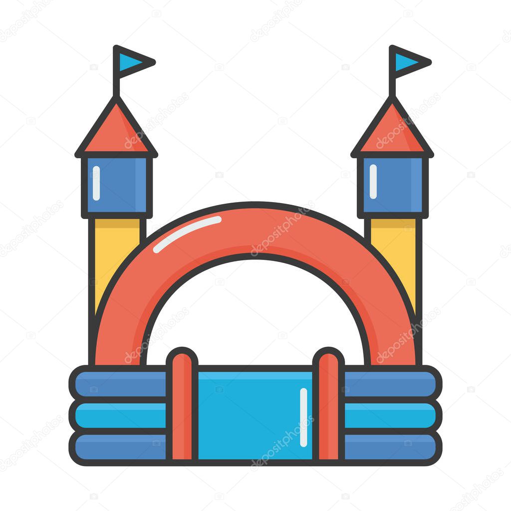 Bouncy inflatable castle. Tower and equipment for child playground. Vector line illustration isolated on white background.