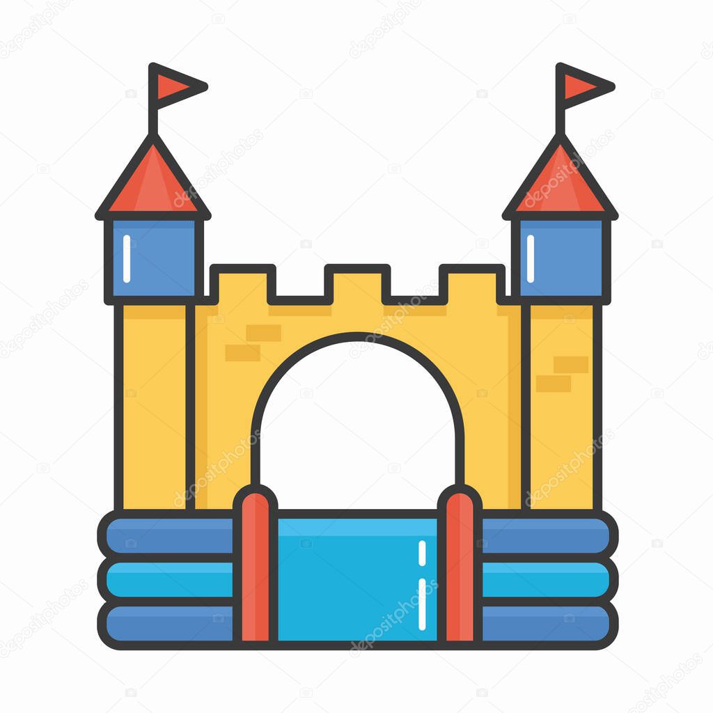 Bouncy inflatable castle. Tower and equipment for child playground. Vector line illustration isolated on white background.