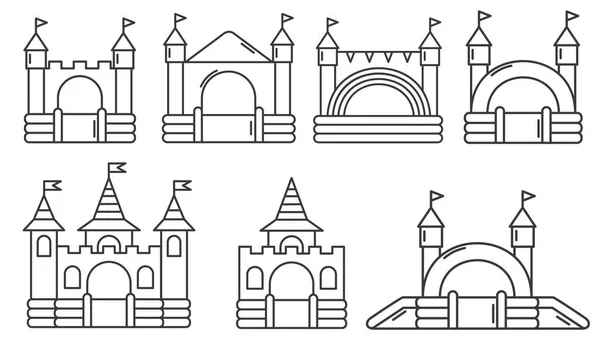 Een set springkussens opblaasbaar kasteel. Toren en uitrusting voor kinderspeelplaats. Vector overzicht illustratie — Stockvector