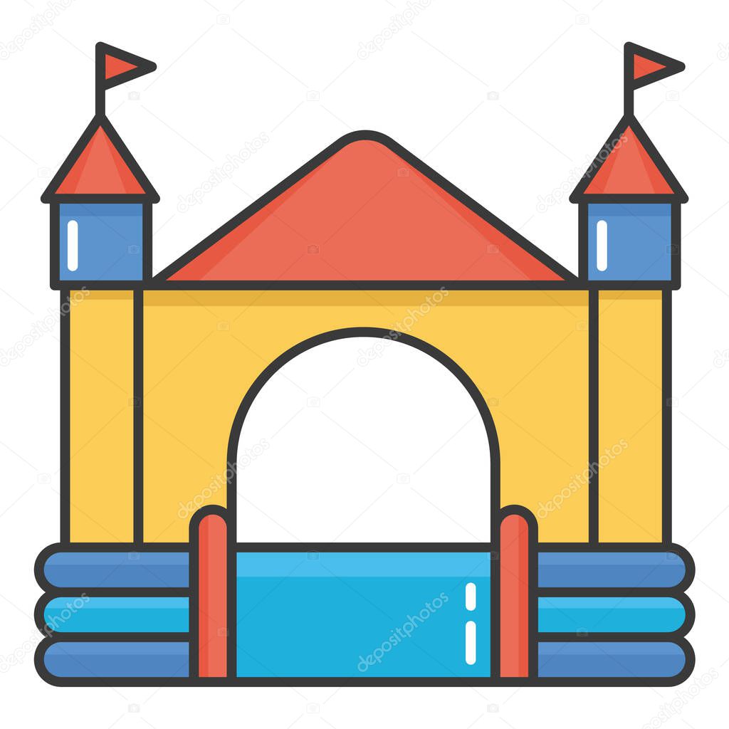 Bouncy inflatable castle. Tower and equipment for child playground. Vector line illustration