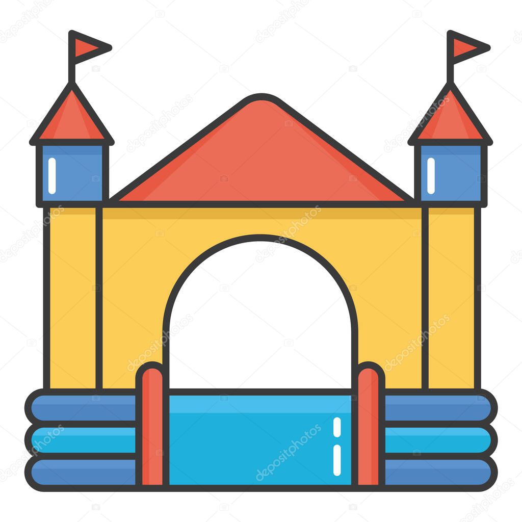 Bouncy inflatable castle. Tower and equipment for child playground. Vector line illustration isolated on white background.