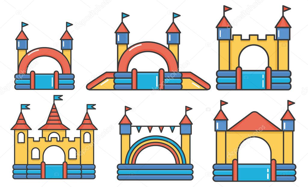 Set of inflatable bouncy castles and children hills on playground. Childhood activity in the park. Flat style illustration