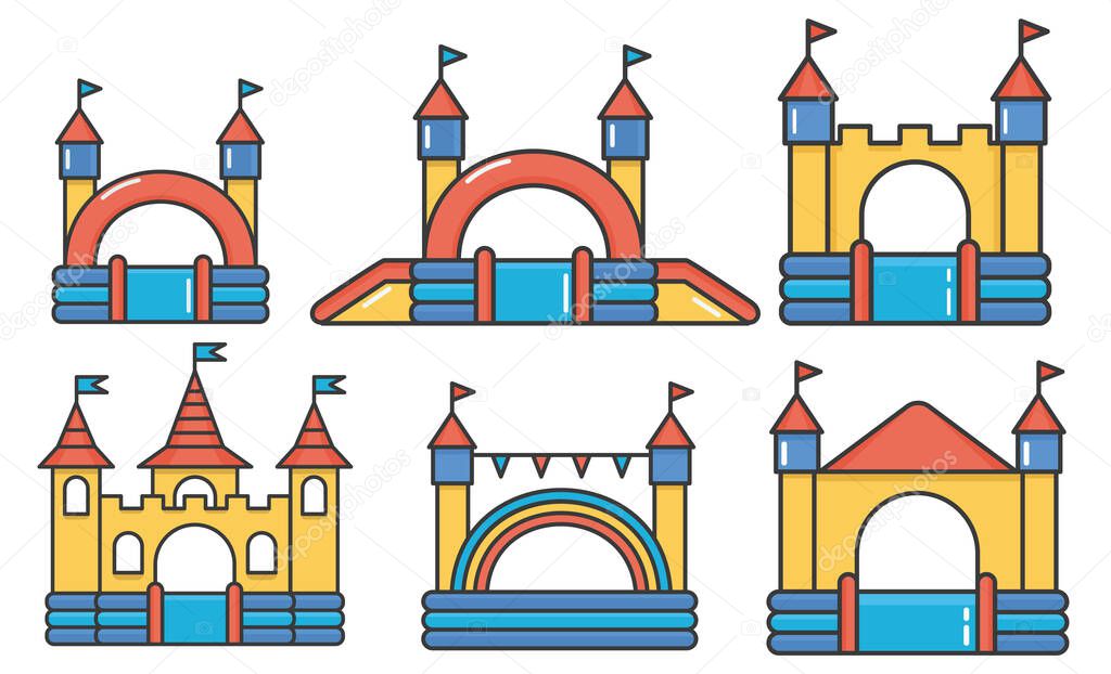 Set of inflatable bouncy castles and children hills on playground. Childhood activity in the park. Flat style illustration isolated on white background.