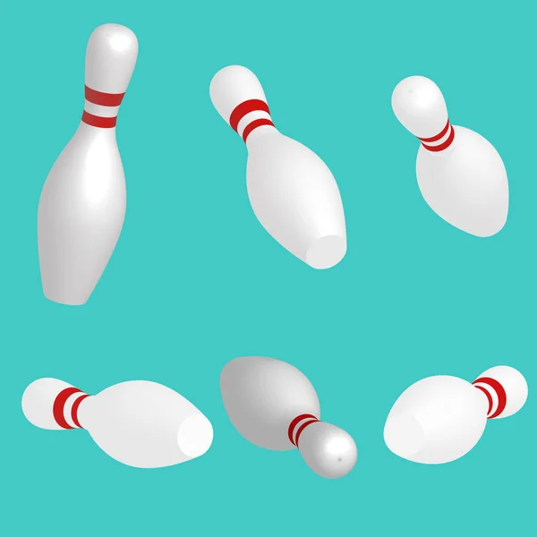 Set di birilli da bowling in diverse proiezioni. I birilli sdraiati dopo lo sciopero. Illustrazione vettoriale — Vettoriale Stock