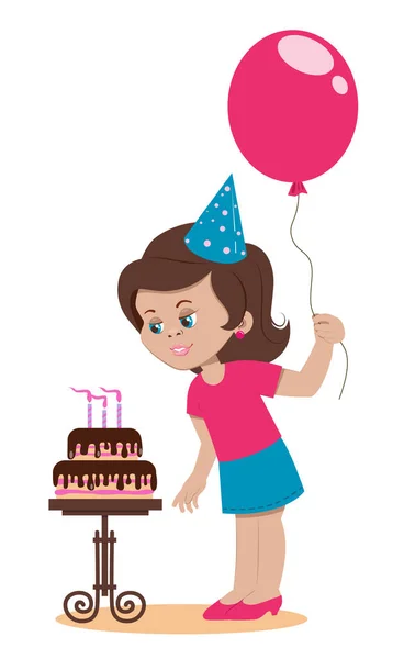 La cumpleañera de la fiesta apaga las velas del pastel. Personaje de dibujos animados aislado sobre un fondo blanco. Ilustración vectorial. — Vector de stock