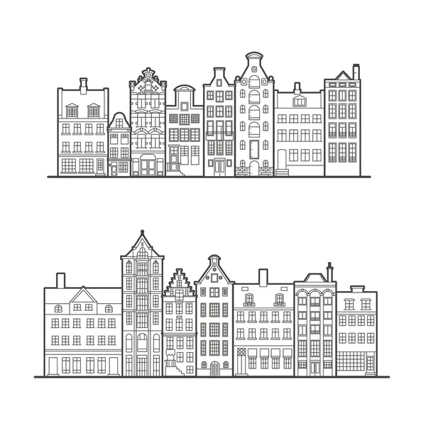 Amsterdam old style houses. Typical dutch canal houses lined up near a canal in the Netherlands. Building and facades for Banner or poster. Vector outline illustration. — Stock Vector