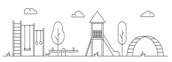 Speeltuin voor kinderen. Lijnkunst illustratie. Landschap van het park met schommel, bank en glijbaan. Overzicht vector illustratie — Stockvector