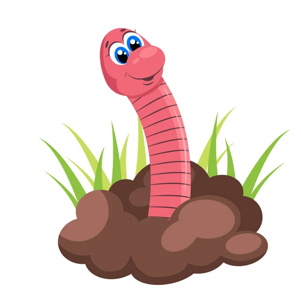 Earth worm coming out of the ground. Green grass. Flat farming and agriculture cartoon illustration. Worm in soil — Vettoriale Stock