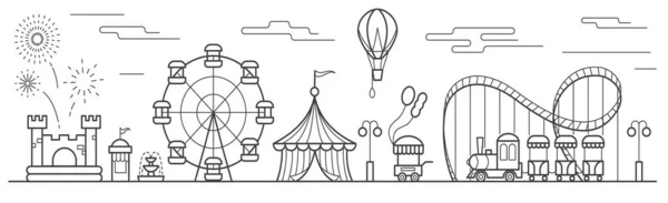 Панорама парка развлечений с колесами обозрения, цирком, аттракционами, воздушным шаром, надувным замком. Пейзаж городского парка. Контурная векторная иллюстрация — стоковый вектор