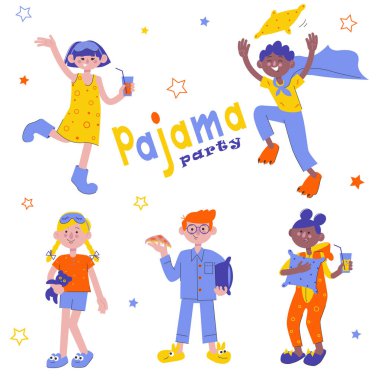 Kigurumi ve tulumlu kızlar ve oğlanların pijama partisi seti. Tatili kutlayan düz karakterler. Çocuklar pijamada eğleniyor. Davet için vektör illüstrasyonu