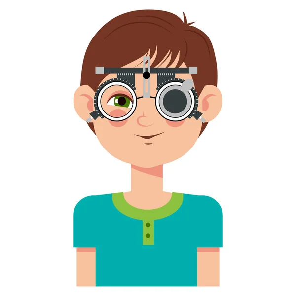 Gyermeklátás vizsgálat a szemészeti klinikán. Szemész ellenőrzi a gyerek látását szemüveggel orvosi felszereléssel. Szemüveg lencse választás. Fiú lapos rajzfilmfigura — Stock Vector