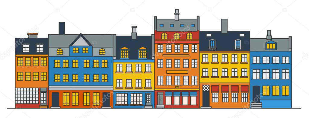 Amsterdam buildings skyline. Linear colored cityscape with various row houses. Outline illustration with old Dutch buildings.